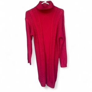 Elegant Red Cable Knit Turtleneck Dress